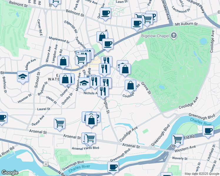 map of restaurants, bars, coffee shops, grocery stores, and more near 191 Arlington Street in Watertown