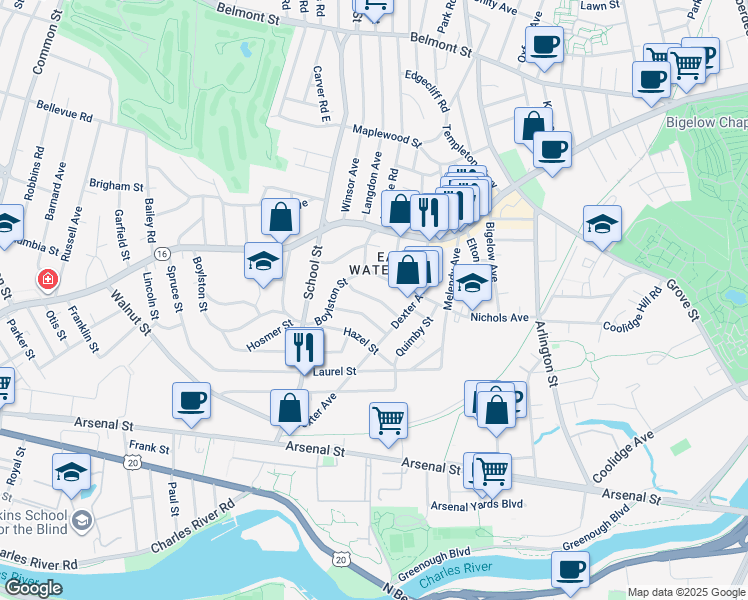 map of restaurants, bars, coffee shops, grocery stores, and more near 156 Nichols Avenue in Watertown