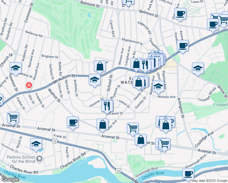 map of restaurants, bars, coffee shops, grocery stores, and more near 210 Boylston Street in Watertown