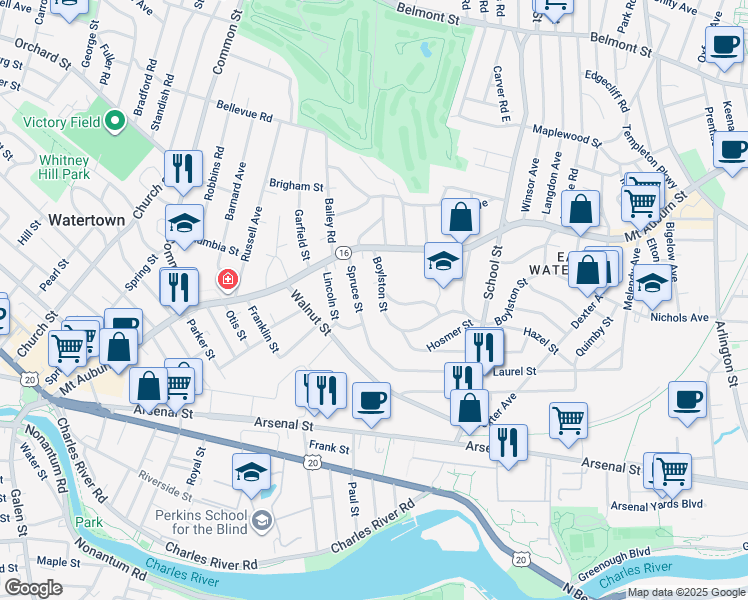 map of restaurants, bars, coffee shops, grocery stores, and more near 33 Boylston Street in Watertown