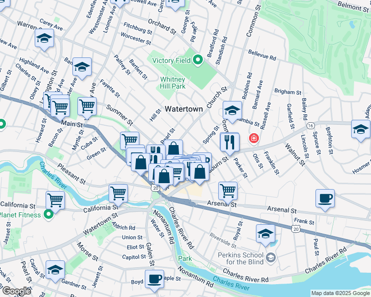 map of restaurants, bars, coffee shops, grocery stores, and more near 87 Church Street in Watertown