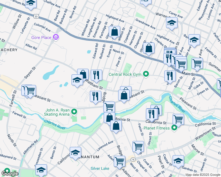 map of restaurants, bars, coffee shops, grocery stores, and more near 41 Buick Street in Watertown
