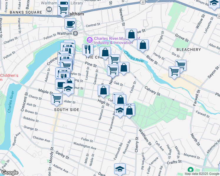 map of restaurants, bars, coffee shops, grocery stores, and more near 244 Newton Street in Waltham