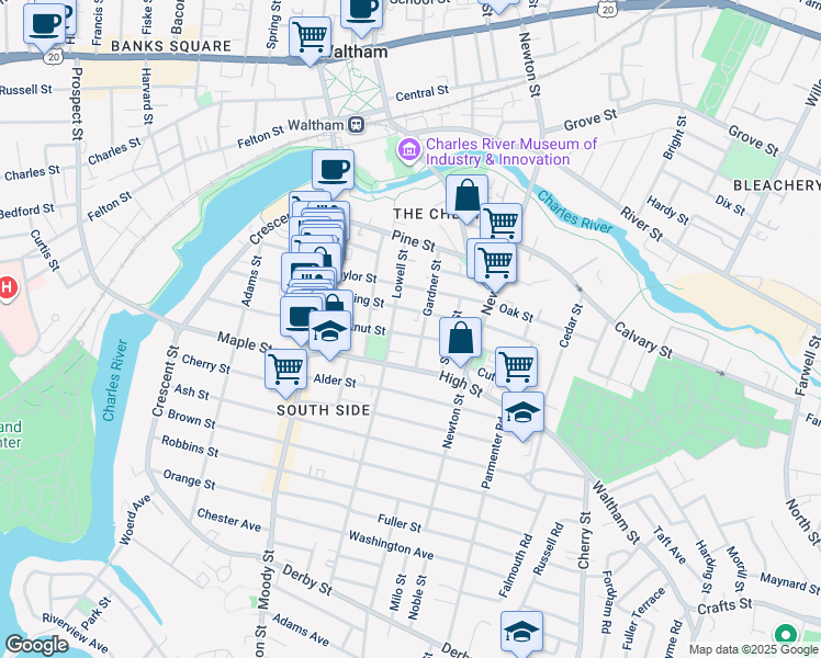 map of restaurants, bars, coffee shops, grocery stores, and more near 79 Cushing Street in Waltham