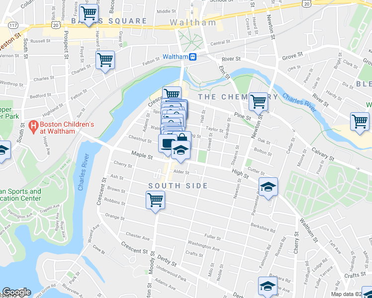 map of restaurants, bars, coffee shops, grocery stores, and more near 376 Moody Street in Waltham