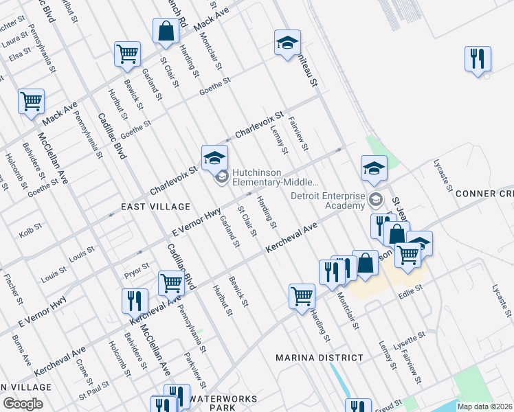 map of restaurants, bars, coffee shops, grocery stores, and more near 2274 Harding Street in Detroit