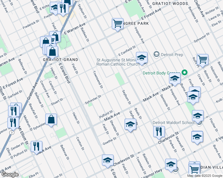 map of restaurants, bars, coffee shops, grocery stores, and more near 8020 Sylvester Street in Detroit