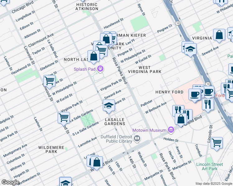 map of restaurants, bars, coffee shops, grocery stores, and more near 1948 Seward Avenue in Detroit