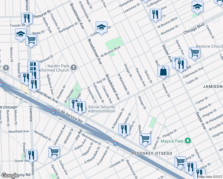 map of restaurants, bars, coffee shops, grocery stores, and more near 9350 Broadstreet Avenue in Detroit