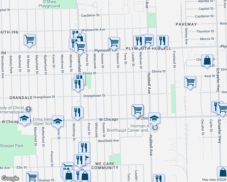 map of restaurants, bars, coffee shops, grocery stores, and more near 9963 Coyle Avenue in Detroit