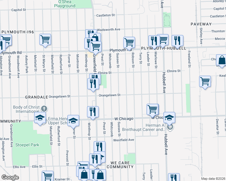map of restaurants, bars, coffee shops, grocery stores, and more near 9979 Sussex Street in Detroit