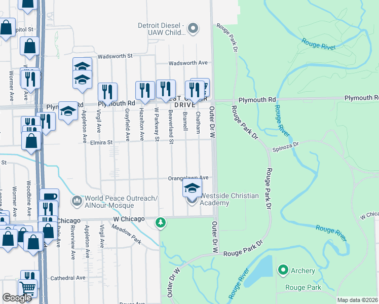 map of restaurants, bars, coffee shops, grocery stores, and more near 10057 Bramell in Detroit