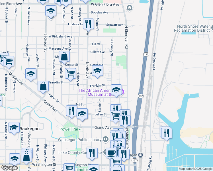 map of restaurants, bars, coffee shops, grocery stores, and more near 616 North County Street in Waukegan