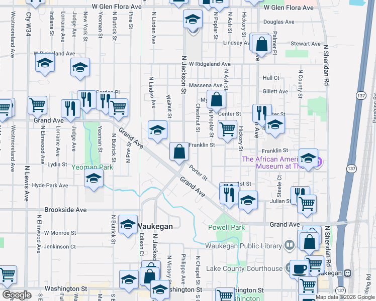 map of restaurants, bars, coffee shops, grocery stores, and more near 606 Chestnut Street in Waukegan