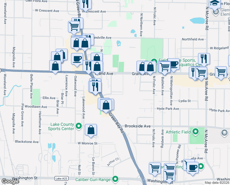 map of restaurants, bars, coffee shops, grocery stores, and more near 616 Hollis Avenue in Waukegan