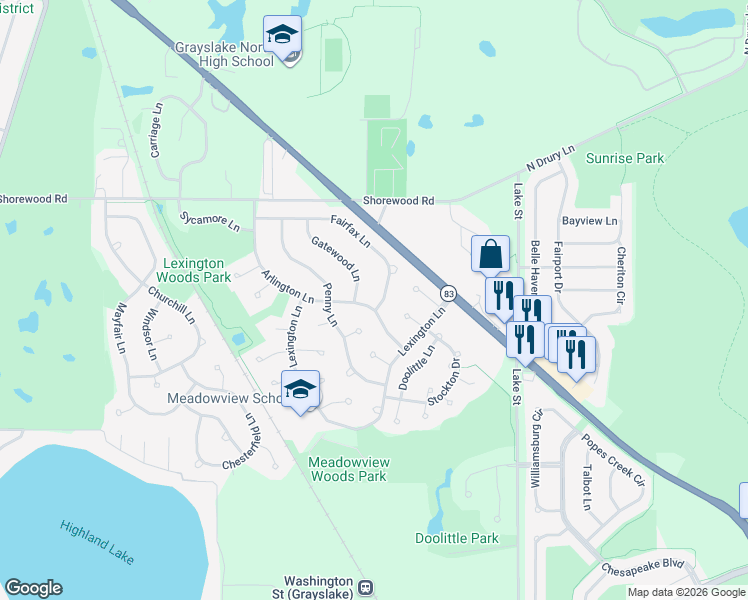 map of restaurants, bars, coffee shops, grocery stores, and more near 307 Fairfax Lane in Grayslake