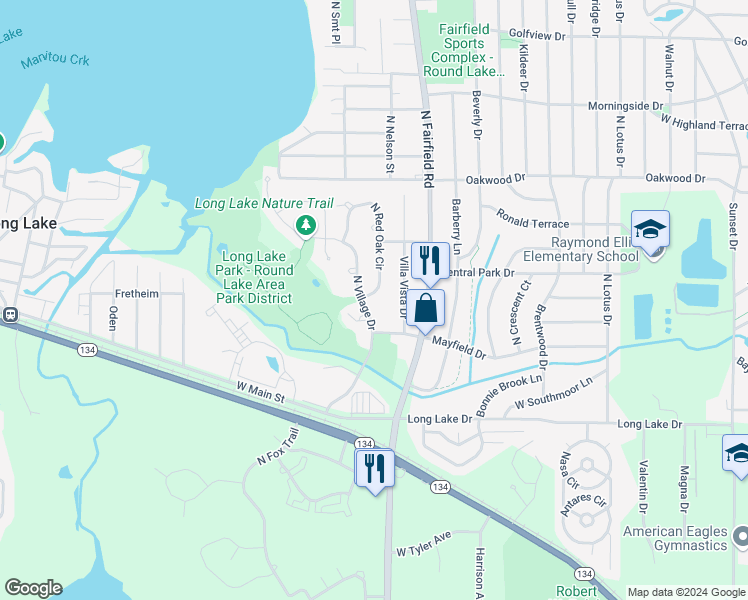 map of restaurants, bars, coffee shops, grocery stores, and more near 1151 North Village Drive in Round Lake Beach