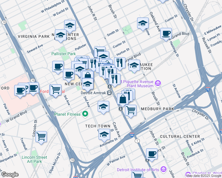 map of restaurants, bars, coffee shops, grocery stores, and more near 0 West Baltimore Avenue in Detroit