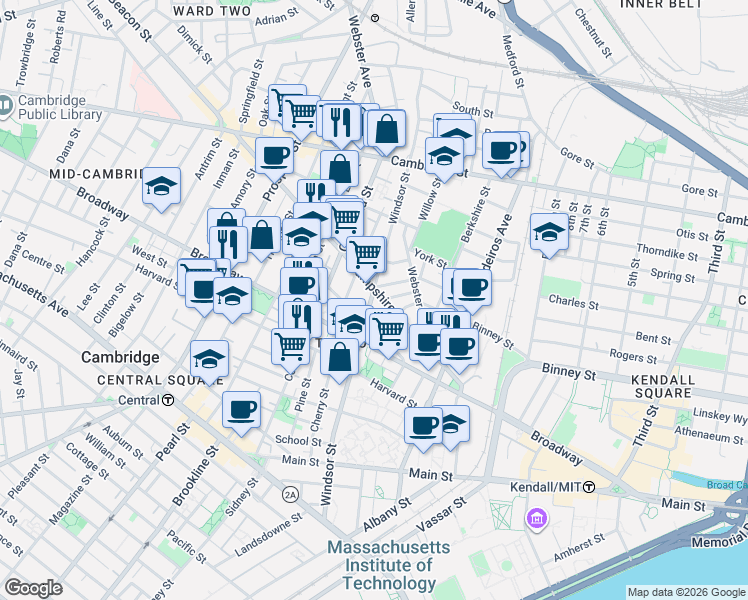 map of restaurants, bars, coffee shops, grocery stores, and more near 100 Hampshire Street in Cambridge