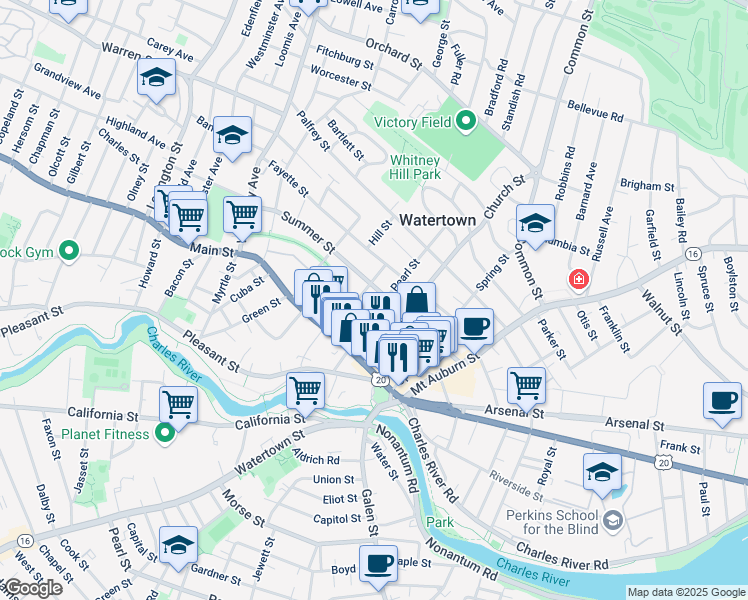 map of restaurants, bars, coffee shops, grocery stores, and more near 105 Summer Street in Watertown