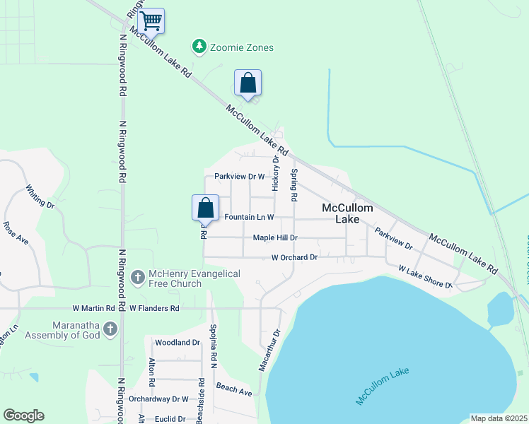 map of restaurants, bars, coffee shops, grocery stores, and more near 5109 East Lane in McCullom Lake