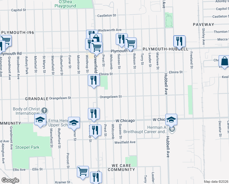 map of restaurants, bars, coffee shops, grocery stores, and more near 9979 Sussex Street in Detroit