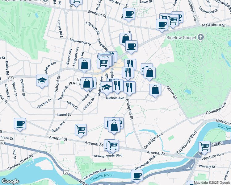 map of restaurants, bars, coffee shops, grocery stores, and more near 56 Bigelow Avenue in Watertown