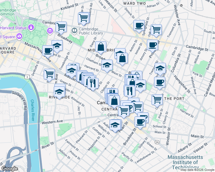 map of restaurants, bars, coffee shops, grocery stores, and more near 14 Clinton Street in Cambridge