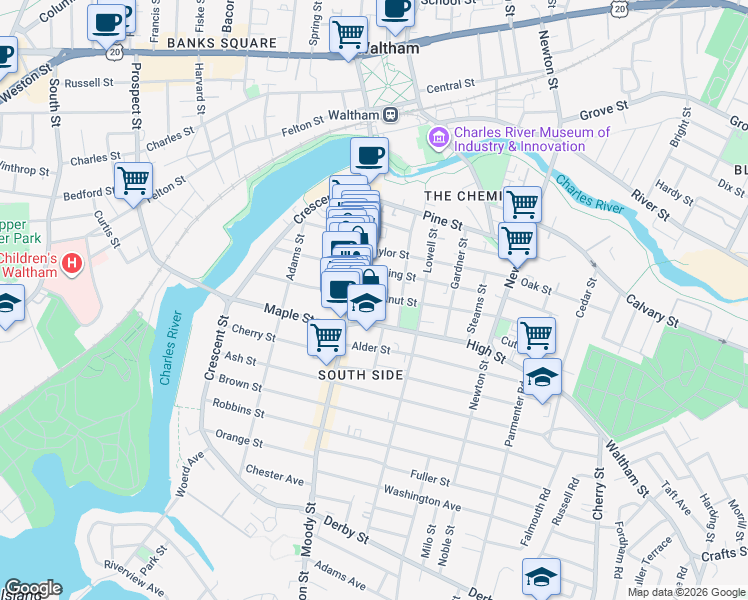 map of restaurants, bars, coffee shops, grocery stores, and more near 107 Chestnut Street in Waltham