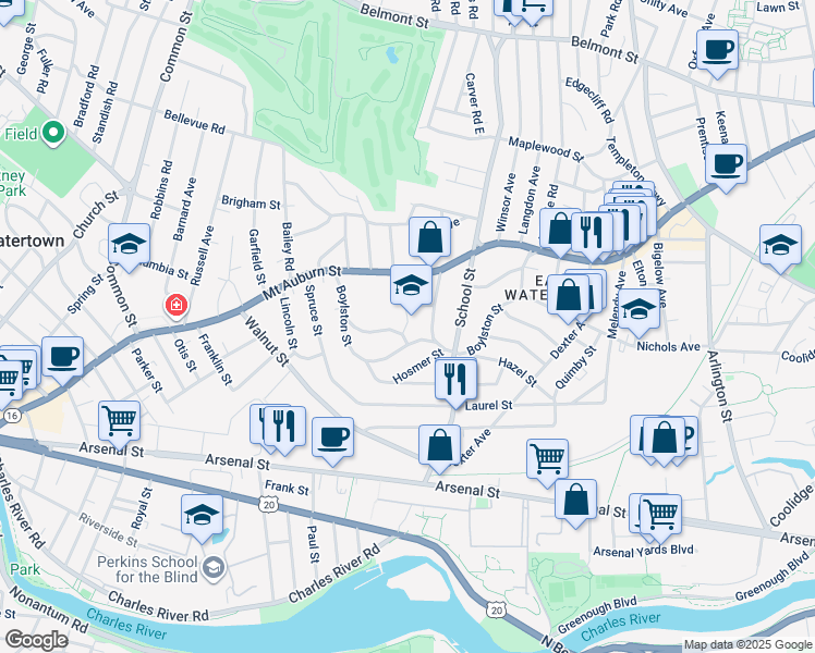 map of restaurants, bars, coffee shops, grocery stores, and more near 1 Concord Road in Watertown
