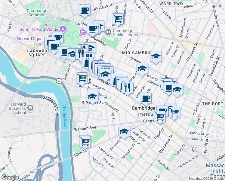 map of restaurants, bars, coffee shops, grocery stores, and more near in Cambridge