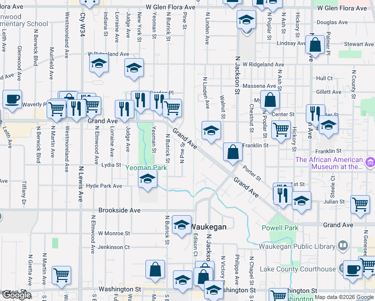 map of restaurants, bars, coffee shops, grocery stores, and more near 1130 Grand Avenue in Waukegan