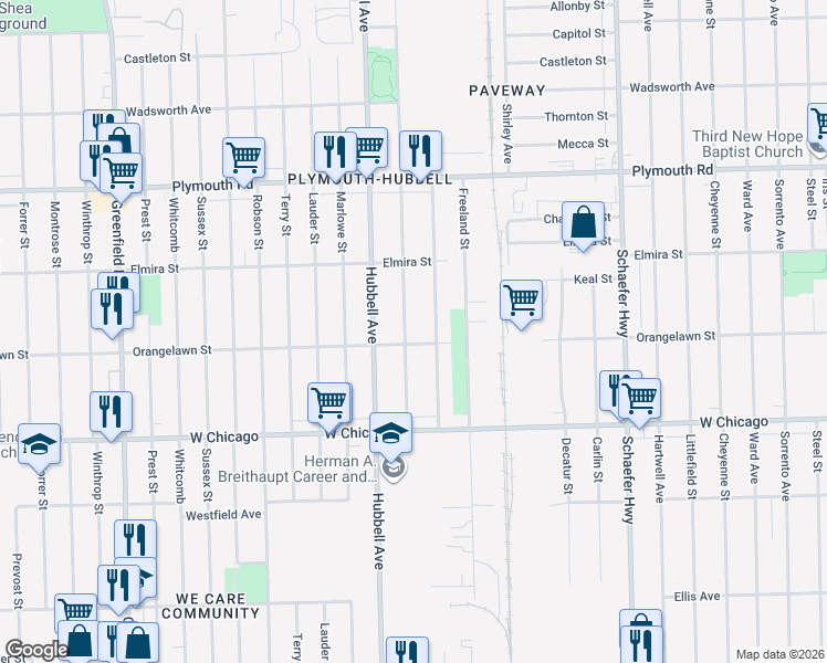 map of restaurants, bars, coffee shops, grocery stores, and more near 9959 Mark Twain Street in Detroit