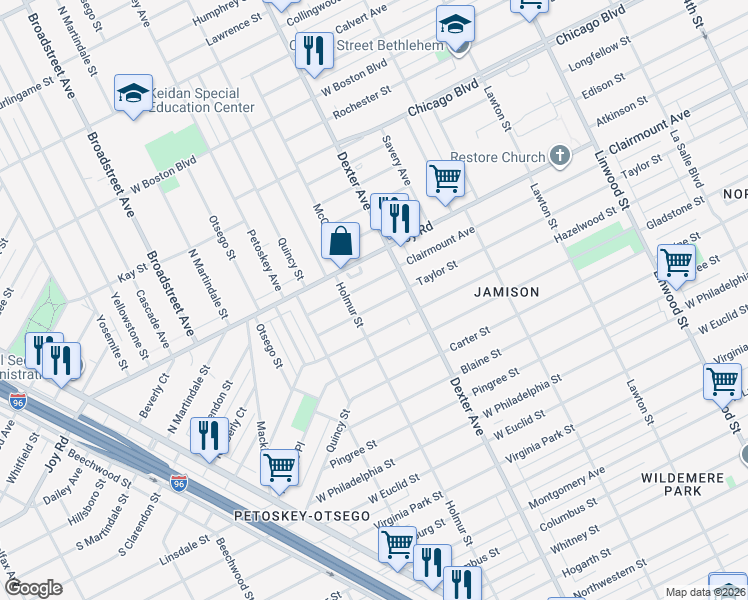 map of restaurants, bars, coffee shops, grocery stores, and more near 3774 Taylor Street in Detroit