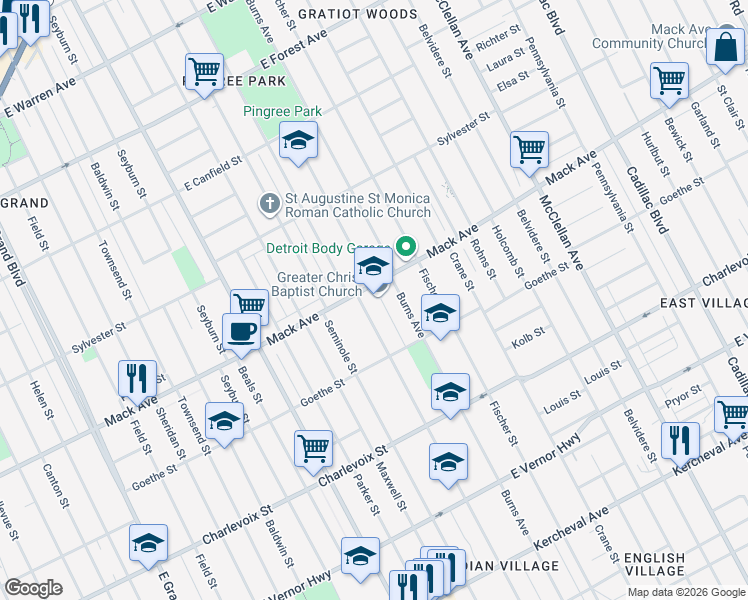 map of restaurants, bars, coffee shops, grocery stores, and more near 3544 Iroquois Avenue in Detroit