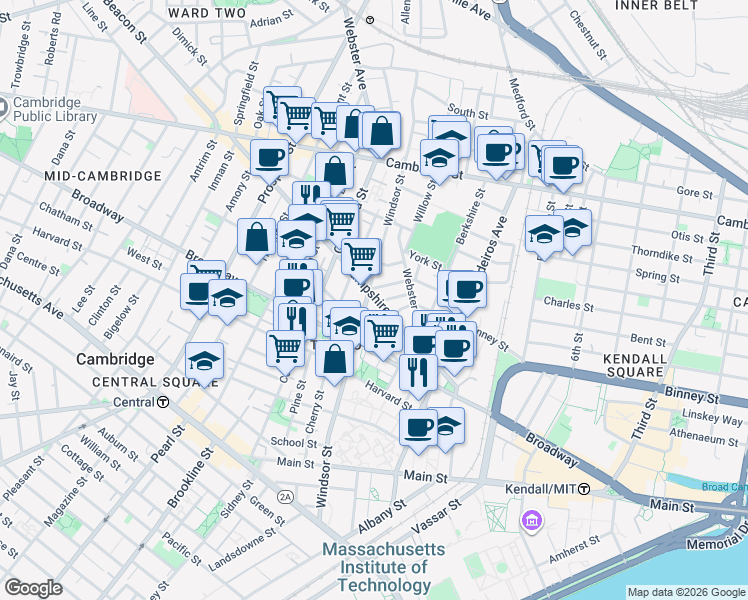 map of restaurants, bars, coffee shops, grocery stores, and more near in Cambridge