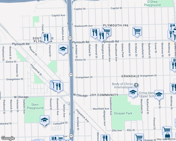 map of restaurants, bars, coffee shops, grocery stores, and more near 9998 Longacre Street in Detroit