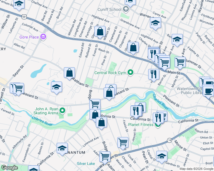 map of restaurants, bars, coffee shops, grocery stores, and more near 26 Brandley Road in Watertown