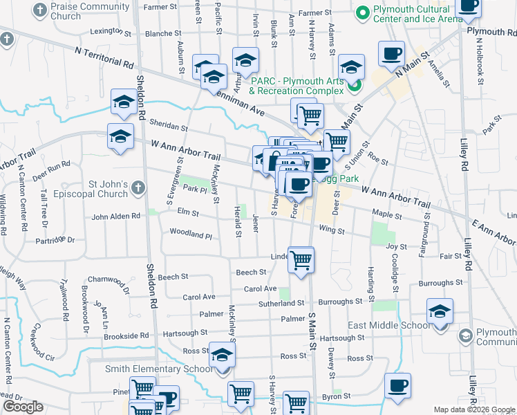 map of restaurants, bars, coffee shops, grocery stores, and more near 522 Jener Place in Plymouth