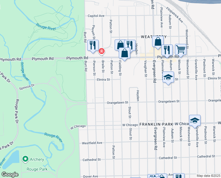 map of restaurants, bars, coffee shops, grocery stores, and more near 9995 Patton Street in Detroit