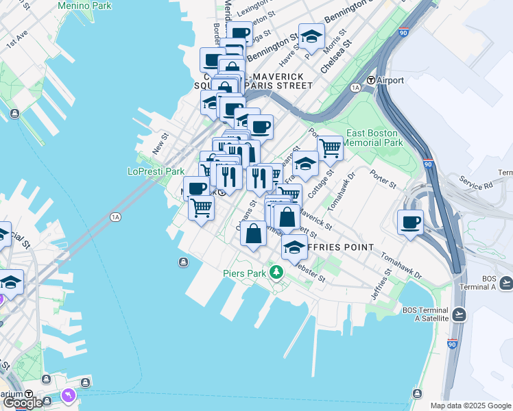 map of restaurants, bars, coffee shops, grocery stores, and more near 89 Orleans Street in Boston