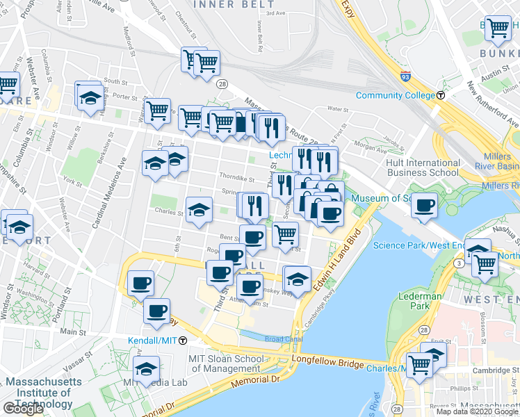 map of restaurants, bars, coffee shops, grocery stores, and more near 54 Spring Street in Cambridge