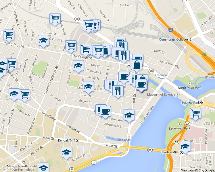 map of restaurants, bars, coffee shops, grocery stores, and more near 100 Sciarappa Street in Cambridge