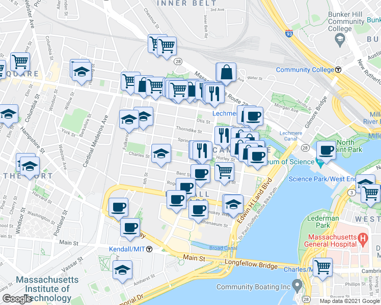 map of restaurants, bars, coffee shops, grocery stores, and more near 100 Sciarappa Street in Cambridge