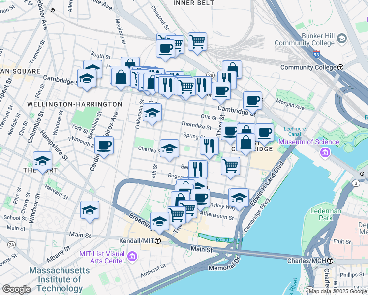 map of restaurants, bars, coffee shops, grocery stores, and more near 123 Spring Street in Cambridge