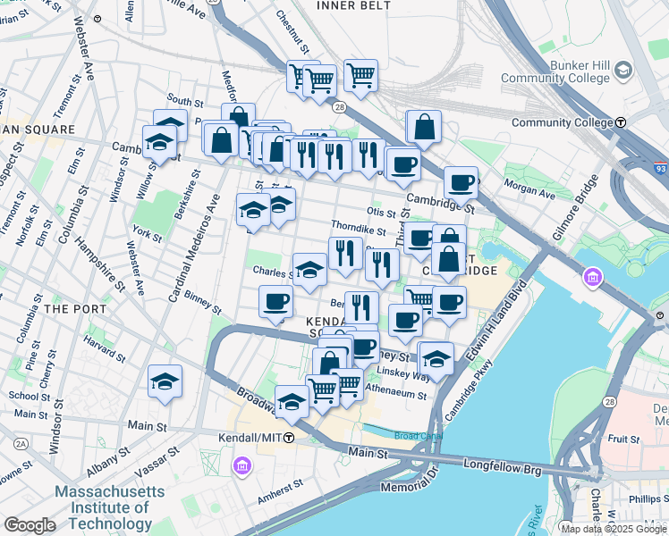 map of restaurants, bars, coffee shops, grocery stores, and more near 123 Spring Street in Cambridge