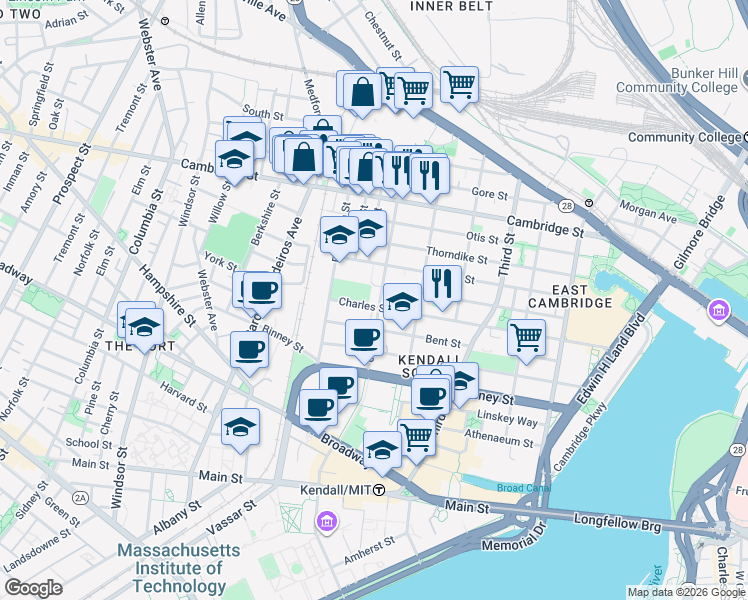 map of restaurants, bars, coffee shops, grocery stores, and more near 158 Spring Street in Cambridge