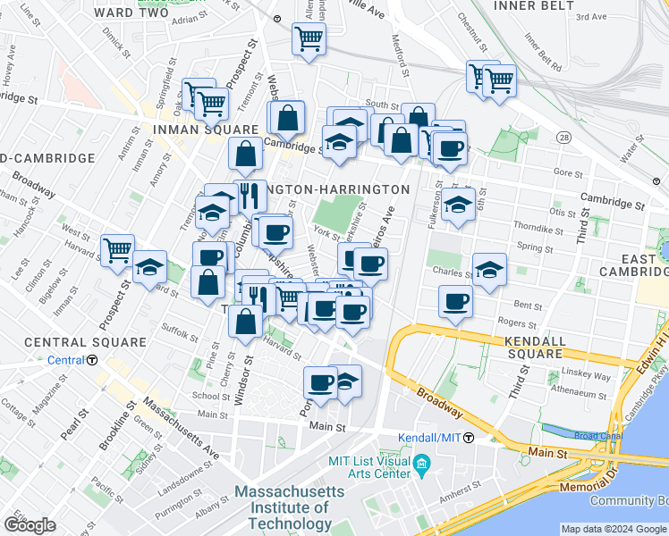 map of restaurants, bars, coffee shops, grocery stores, and more near 44 Plymouth Street in Cambridge