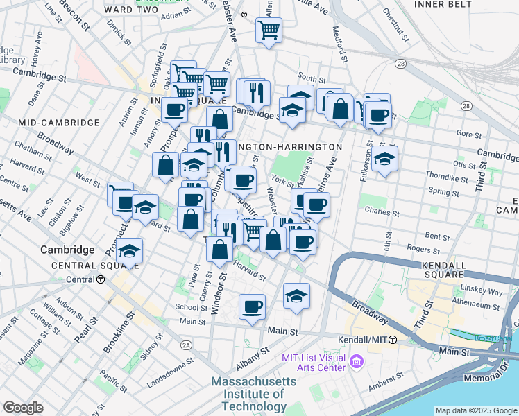 map of restaurants, bars, coffee shops, grocery stores, and more near in Cambridge