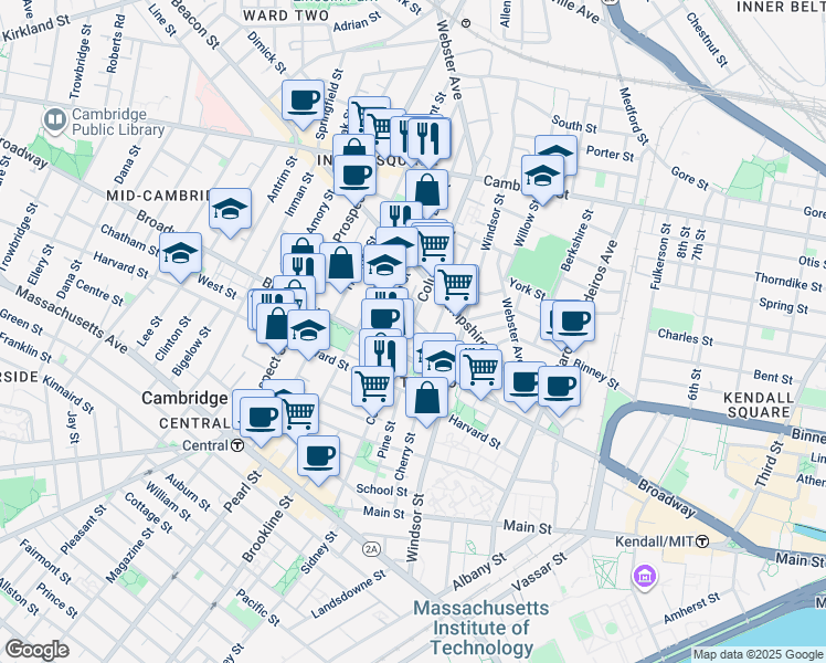 map of restaurants, bars, coffee shops, grocery stores, and more near 235 Columbia Street in Cambridge